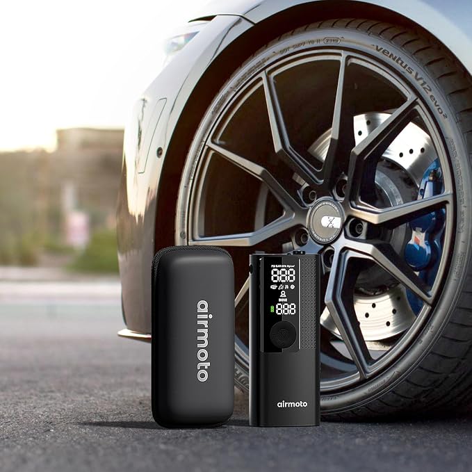 and Carrying Case Bundle Deal - Tire Inflator Portable Air Compressor with Hard Case - Air Pump for Car Tires, Motorcycle, Bicycle - Cordless Tire Pump with Tire Pressure Gauge