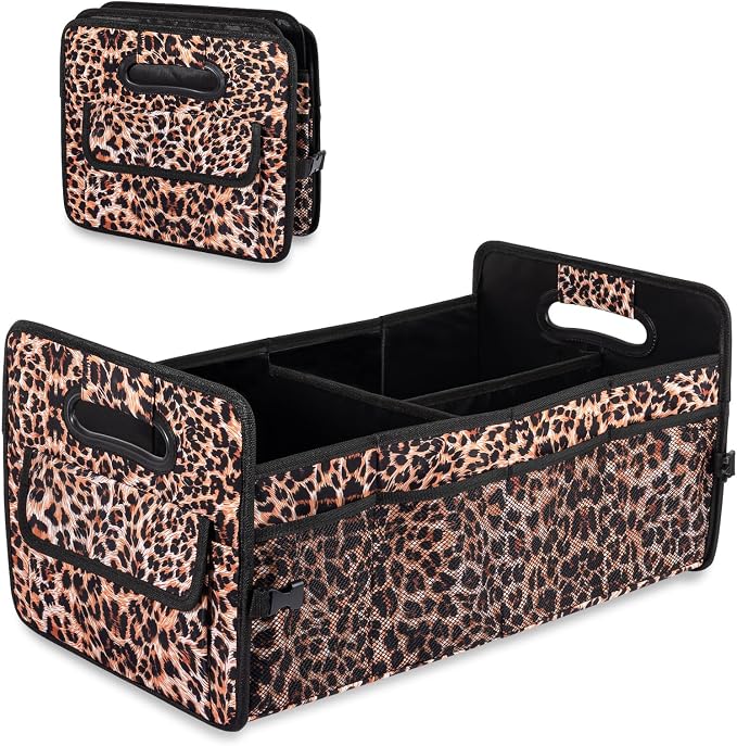 Car Trunk Organizers and Storage Collapsible Multi Compartment Container Box, Adjustable Car Accessories for SUV Sedan Truck, Large Size, Leopard Print