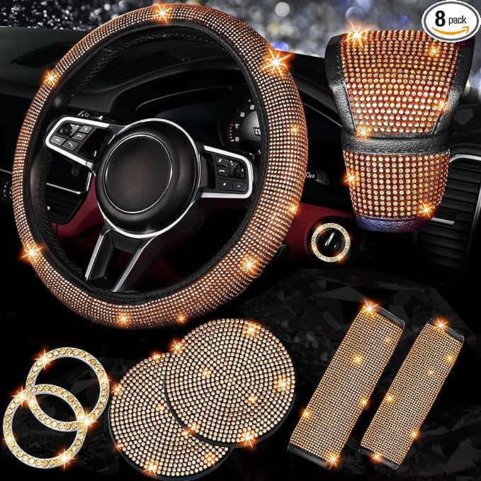 8 pcs Orange Bling Car Accessories Set for Women, Steering Wheel Cover, Sparkly Seat Belt Covers, Bling Gear Shift Cover, Universal Fit Most Cars (Orange Diamond)