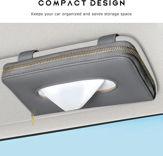 Car Tissue Box, Leather Auto Sun Visor Napkin Case Tissue Case Holder with Zipper, Sunvisor Paper Towel Storage Box Napkin Organizer for Most Vehicles, Car Accessories (Gray)