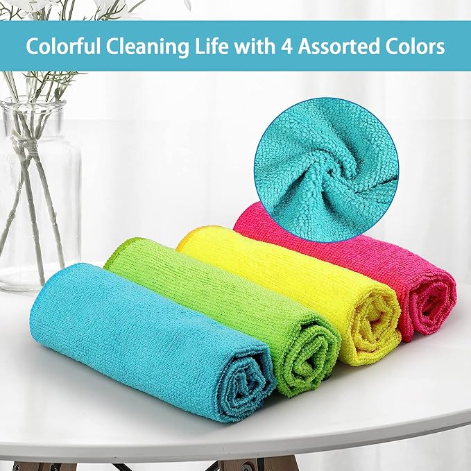 Microfiber Cleaning Cloth,100 Pack Cleaning Rags, Cleaning Towels with 4 Color Assorted, 11.5"X11.5" Shop Towels (Green/Blue/Yellow/Pink)