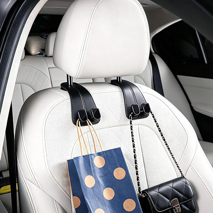 2 Pack Car Headrest Hooks for Purses and Bags Cute Leather Car Seat Back Head Rest Double Hooks for Bags Cute Pink Beige Car Accessories Headrest Back Seat Handbags Hook (Black 2 Pack)