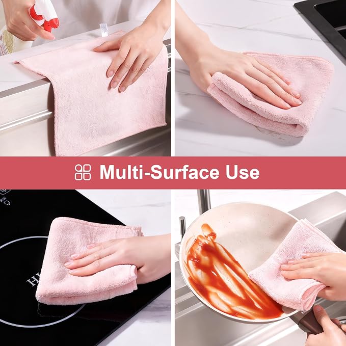 Microfiber Cleaning Cloths, 11.8" x 11.8" Pink Reusable Kitchen Towels, Lint-Free Cleaning Rags, Super Absorbent Cleaning Cloths for Kitchen, Car, and Household Cleaning, 18 Packs
