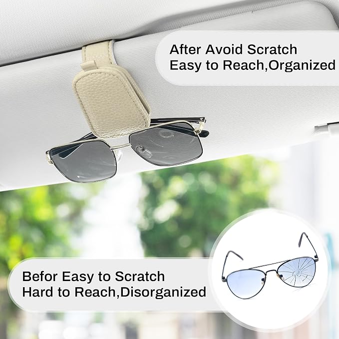 Sunglasses Holder for Car, Leather Magnetic Buckle Sun Visor Sunglass Clip, Ticket Card Storage Glasses Clip, Car Interior Accessories for Men and Women（2PCS Beige）