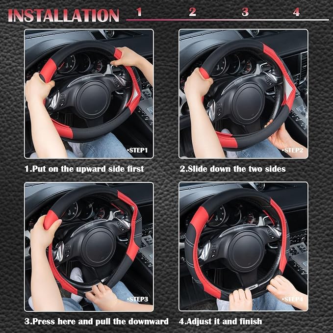 Line Rider Microfiber Leather Sporty Steering Wheel Cover Universal Fits for 95% Truck,SUV,Cars,14.5-15inch Anti-Slip Safety Comfortable Desgin (Black-Red)