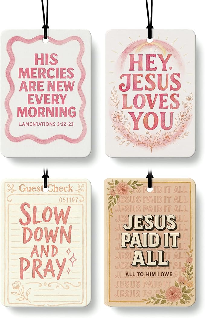 Pink Christian Car Air Freshener 4 Pcs, Inspirational Religious Bible Verse Hanging Air Freshener for Cars Closet Drawer Books, Preppy Christian Car Accessories Mirror Decor for Women
