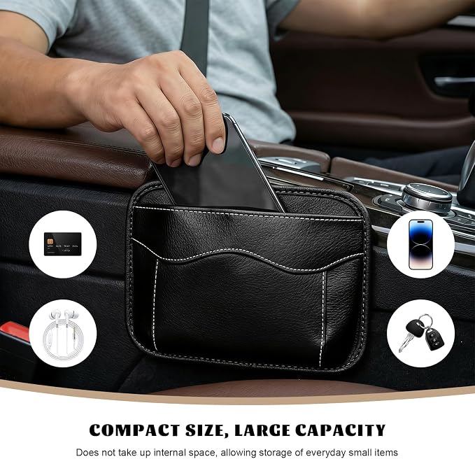 Car Seat Side Pocket Organizer, Multifunctional Auto Console Door Window Side Pocket Seats Storage Pouch, Leather Seat Gap Filler Organizer Pen Phone Holder for Most Vehicles (Black)