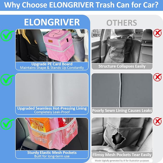 Car Trash Can Bin for Back Seat Leak Proof, Cute Car Trash Bag Hanging, Vehicle Trash Can for SUV Truck Van, Automotive Garbage Cans Front Seat Pink