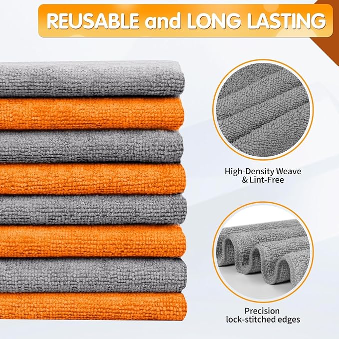 Microfiber Cleaning Cloth -Pack of 50, Highly Absorbent Cleaning Rags(Grey&Orange), 16"X12" All Purpose Cleaning Towels for Housekeeping, Kitchen, Car, Reusable Microfiber Towels