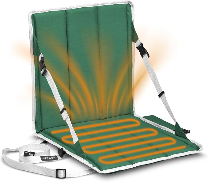 Heated Stadium Seat, Battery Powered (not Included) Foldable, Lightweight Foldable with Back Support & Carrying Strap for Sports Games, Camping, Outdoor Events, Green/White