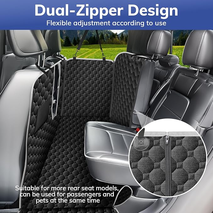 Waterproof Dog Back Seat Cover with Zipper Flap, Fit for F150/RAM | Visible Mesh Window,Split Seat Design，Great Gift，Storage Pockets，Effortless Cleaning, Designed for full-size trucks, Comfort