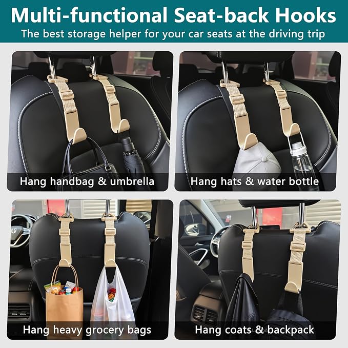 Headrest Hooks for Car Adjustable 4 Pack Vehicle Seat Back Organizer Storage Hanger Holder for Purse Bags Universal Fit with Clip Beige