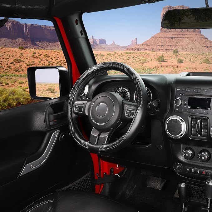 Car Steering Wheel Cover Large-Size for F150 F250 F350 Ram 4Runner Tacoma Tundra Range Rover with 15 1/2"-16" Outer Diameter Leather with Carbon Fiber Pattern Black