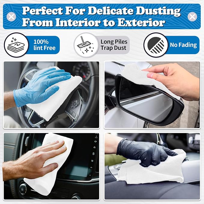 Microfiber Cleaning Cloth, Shop Towels Bulk, 24 Pack White Microfiber Towels for Cars, All-Purpose Absorbent Cleaning Rags, Dust Cloth for Automotive, Mechanic, Garage, Bar, 12 x 11 inch