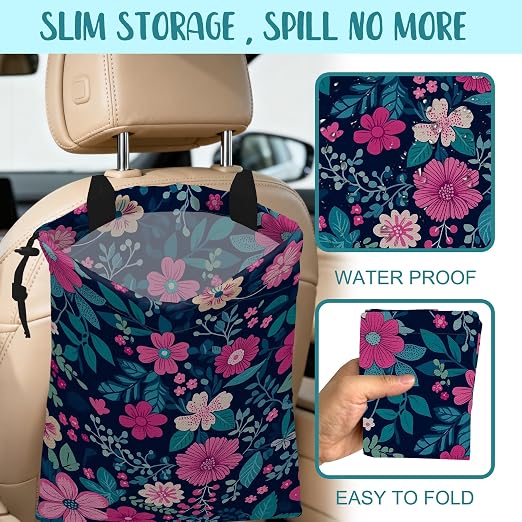 Car Trash Bag Watercolor Floral and Green Leaves Leak-Proof Car Garbage Bag with Drawstring Foldable Canvas Trash Bin with Adjustable Buckle for Car Accessories