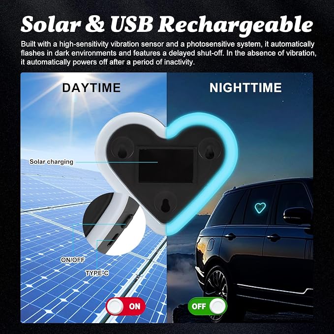 Upgrade Car Light LED Ambient Lights Heart Solar Lights Solar-Powered Heart-Shaped Neon Lights for Car Window Decorative 5 Modes Interior Outdoor Decor (Ice Blue)