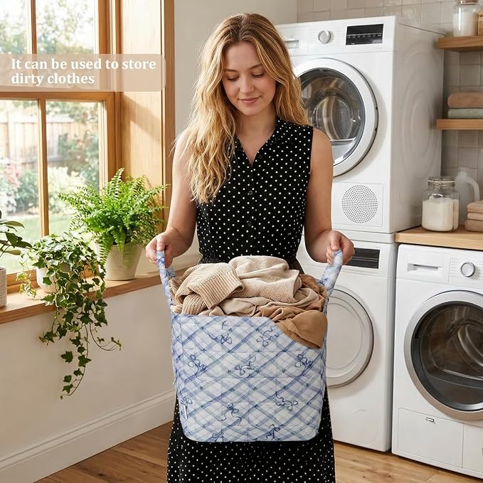 Floral Fabric Storage Basket Car Interior Storage Basket Underwear Sundries Laundry Baskets Supplies Home Organizer Bag (blue bow)