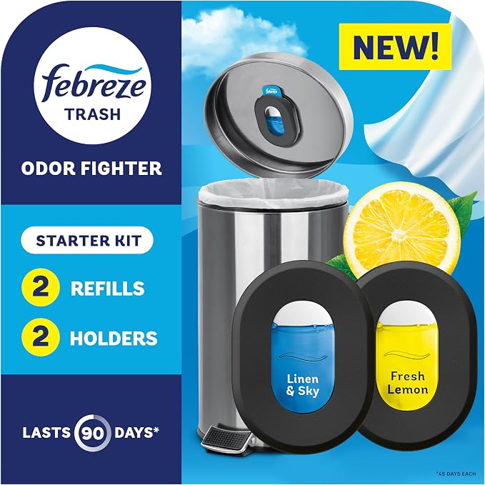 Trash Odor Fighter, Trash Can Air Freshener, Stick-On Deodorizer for Garbage Cans, Diaper Pails, Works with Scented Trash Bags, Fresh Lemon and Linen & Sky Scents, 2 Holders + 2 Refills