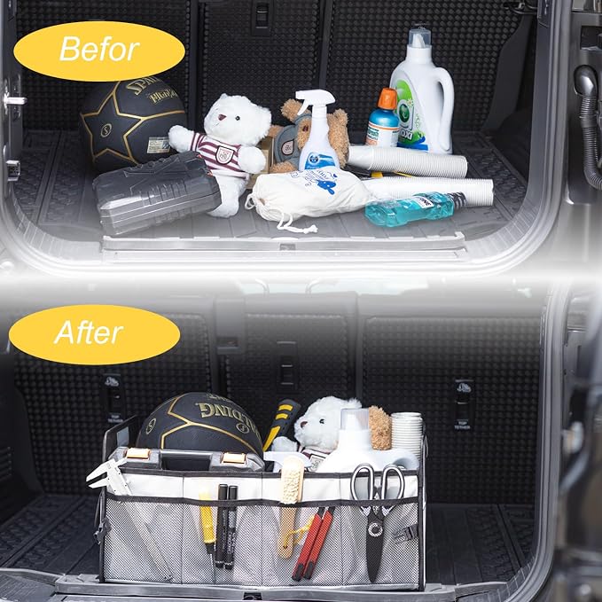 Car Trunk Organizer, Car Organizers and Storage Collapsible Multi Compartment Container Box, Adjustable Car Accessories for SUV Sedan Truck, Standard Size, Grey