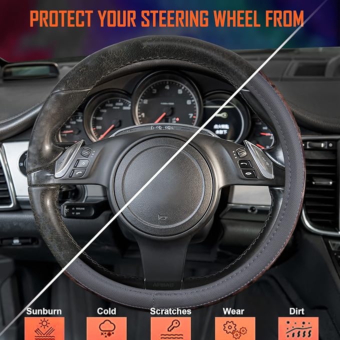 Wood Grain Microfiber Leather Steering Wheel Cover, Universal Fit for 14 1/2-15 inch Gray Steering Wheel, Anti-Slip Veins Design,Cars, Suvs,Minivans, Sedans (Gray)