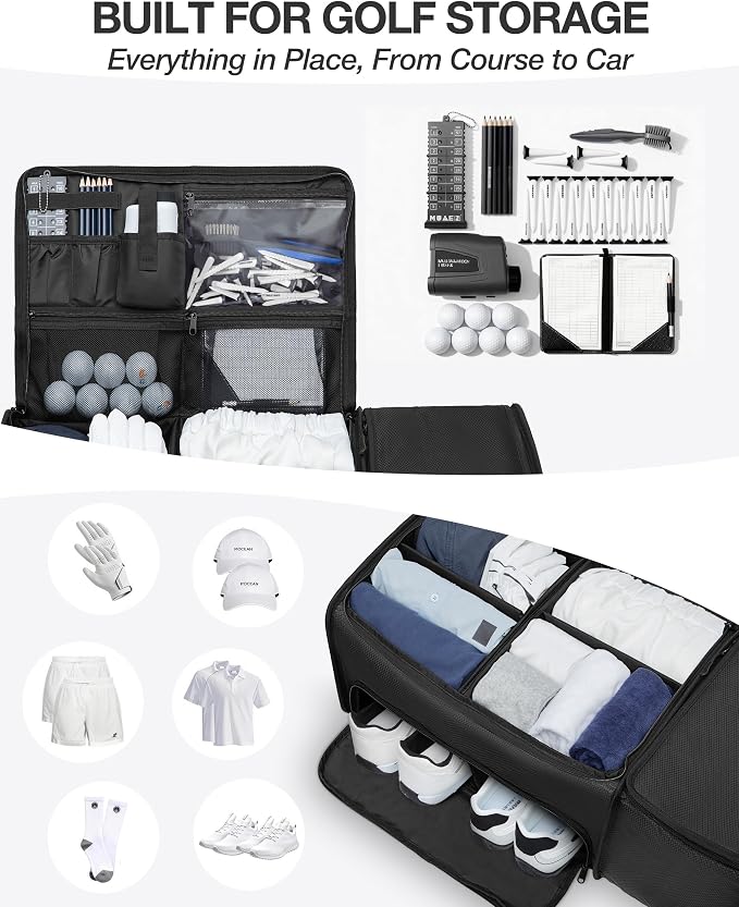 Golf Organizer for Car Trunk with Cooler, Anti-Sag Design, Ventilated Shoe Compartment, 2-Layer Storage Bag for Golf Accessories, Fits SUVs & Sedans - Black