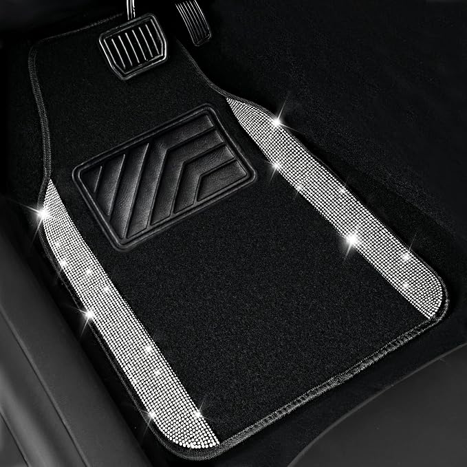 Bling Diamond Car Mats Shining Carpet Crystal Rhinestones Sparkly Glitter Floor Mats with Anti-Slip PVC Heel Pad Universal for Automotive SUV, Sedan, Van, 3pcs for Girl Women, Black Silver
