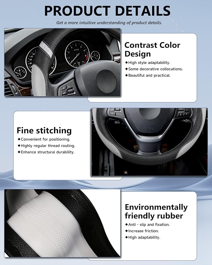 Steering Wheel Cover for Men Women Leather Universal Steering Wheel Covers for Car 15inch (Gray)