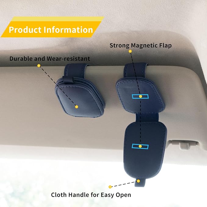 Magnetic Leather Sunglasses Holder for Car, 2 Packs (Blue) | Magnetic Car Visor Accessories