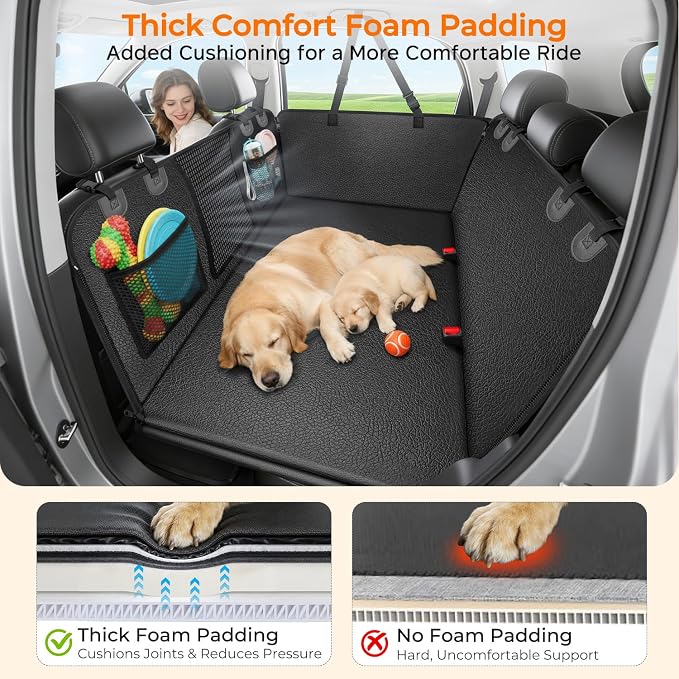 Upgraded PU Leather Back Seat Extender for Dogs - Large Hard Bottom Dog Car Seat Cover Holds 550lbs, Waterproof Dog Hammock Pet Bed with High-Density Foam Non-Slip Backseat Protector