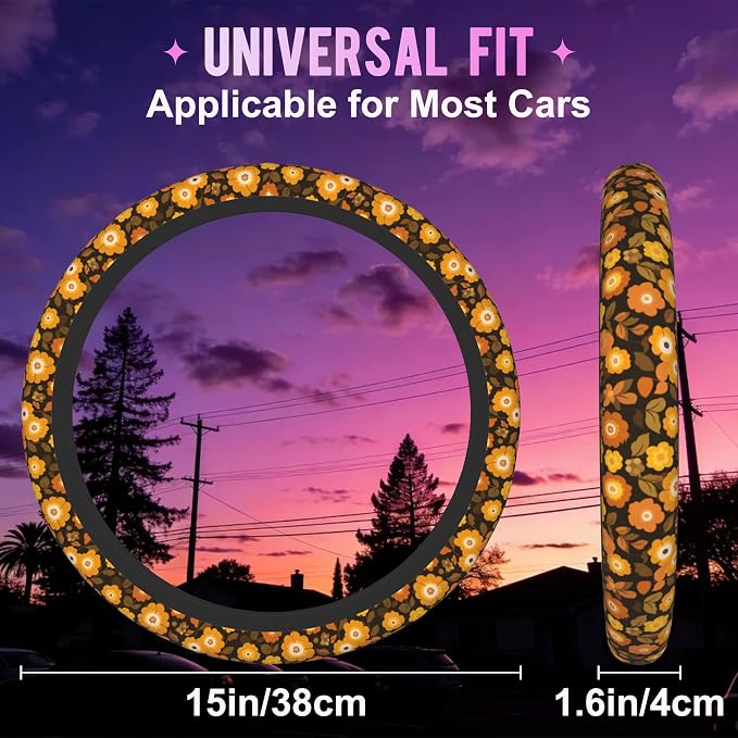 Retro 70s Groovy Orange Floral Steering Wheel Cover for Women Men Neoprene Breathable Wheel Cover Protector Anti-Slip Car Accessories Universal 15 Inch Fit for Cars Trucks Vehicles