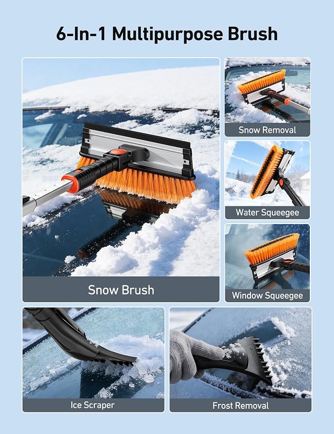47.2" Ice Scrapers for Car Windshield, 3 in 1 Sturdy Snow Brush with Squeegee, 10 Adjustable Length Settings, Extendable Aluminum Handle, 180° Pivoting Snow Scraper for Car, Truck, SUV(Orange)