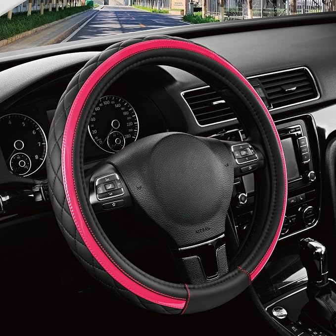 Leather Steering Wheel Cover – Black & Hot Pink, Universal Fit 14.5-15 Inch, Microfiber Leather, Anti-Slip & Breathable Design for Men and Women