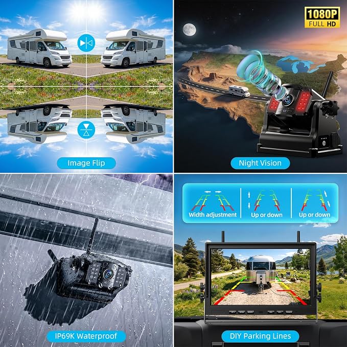 Magnetic Wireless Backup Camera Kit with HD1080P 10” DVR Monitor, Dual RV/Trailer/Truck/Tractor Cameras Wireless System, No Wiring, 9600mAh Rechargeable Battery, IR Night Vision-ACT1002