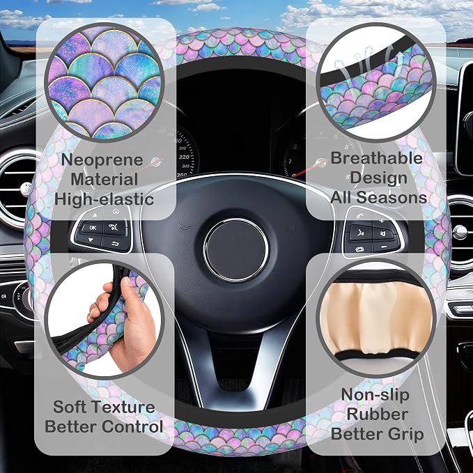 Mermaid Scales Steering Wheel Cover with 2 Pcs Car Coasters Neoprene Steering Wheel Cover for Women Men Anti-Slip Breathable Car Accessories Universal 15 Inch Fit Auto Cars Trucks