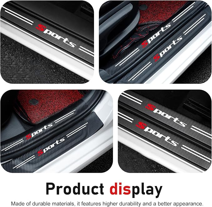 4 PCS Car Door Sill Protector, Carbon Fiber Leather Threshold Guard Strips, Anti-Scratch Auto Door Entry Guards Sill Protector, Universal for Most Vehicles (Black)