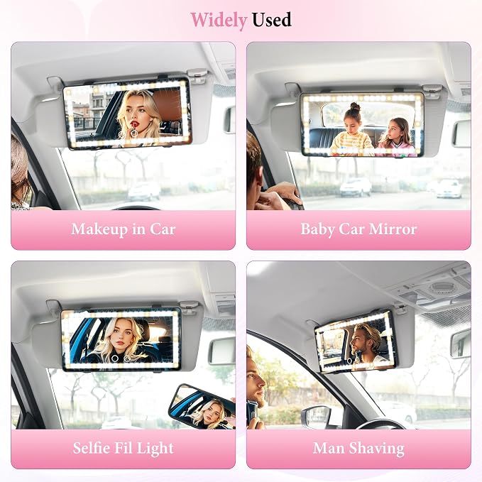 2PCS Car Sun Visor Vanity Mirror - Rechargeable Makeup Mirror with 60 LEDs, 3 Light Modes & Dimmable Touch Control for Cars, Trucks, SUVs, Car Interior Accessories for Women (Black)