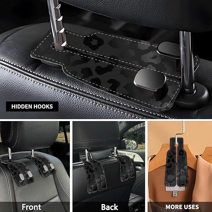 Car Seat Headrest Hook, Universal Leather Cute Hanger Holder Hook, Storage Organizer Interior Accessories for Purse Bags Handbag Black Luxury Leopard