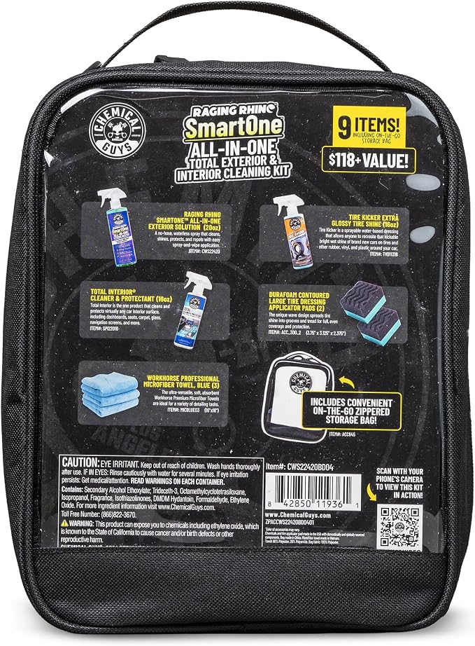 Quick Detailing Kit With Storage Bag, Raging Rhino SmartOne Exterior Spray, Interior Cleaner, Tire Shine, Microfiber Towels, And Applicators Giftable Car Care Set
