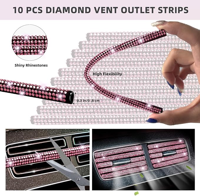 27-Piece Bling Car Accessories Set - Universal Fit Steering Wheel Covers, License Plate Frames, Phone Holder, Car Fast Charger, Coasters (Pink)