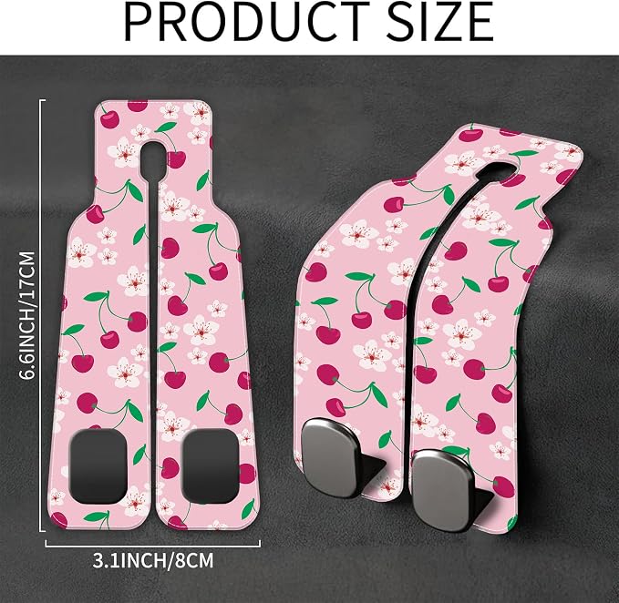 Car Headrest Purse Hanger Cute Floral and Pink Cherries 1 Pack Bag Purse Holder for Car Premium Leather Double Metal Hook for Handbags, Grocery Bags and Phones
