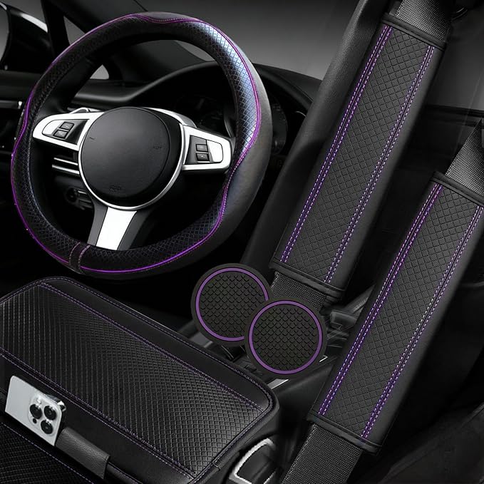 6 PCS Car Steering Wheel Cover Set, Microfiber Leather Steering Wheel Covers Universal 14.5-15 inch, Center Console Cover, Seat Belt Cushion, Cup Holder Coaster, Car Accessories Set Purple