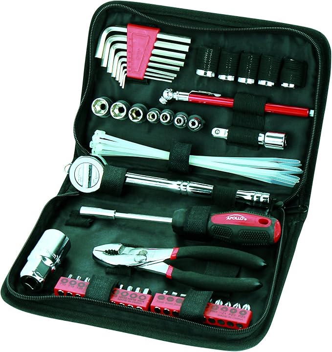 56 Piece Compact Metric Auto Tool Set in Zippered Case, Small Mechanic Tool Set for Car Emergency, Motorcycle Repair on the Road, Great for Travel Tool Needs - Red - DT9775