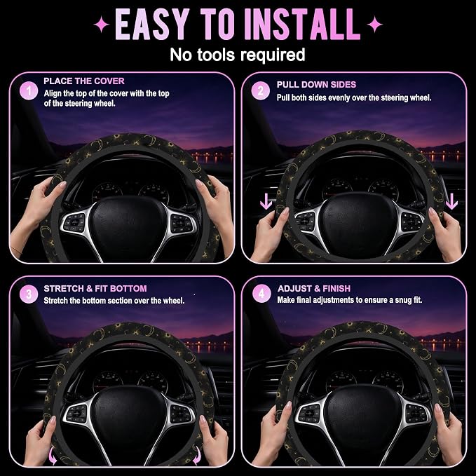 Celestial Sun Moon Star Steering Wheel Cover for Women Men Neoprene Breathable Wheel Cover Protector Anti-Slip Car Accessories Universal 15 Inch Fit for Cars Trucks Vehicles