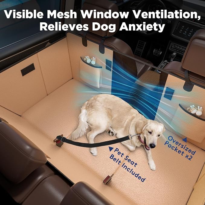 Dog Car Seat Cover for Back Seat, Upgraded PU Leather Back Seat Extender with Hard Bottom Holds 400LBS, Waterproof Anti-Scratch, Large Space Back Seat Pet Cover for Car, SUV, Brown