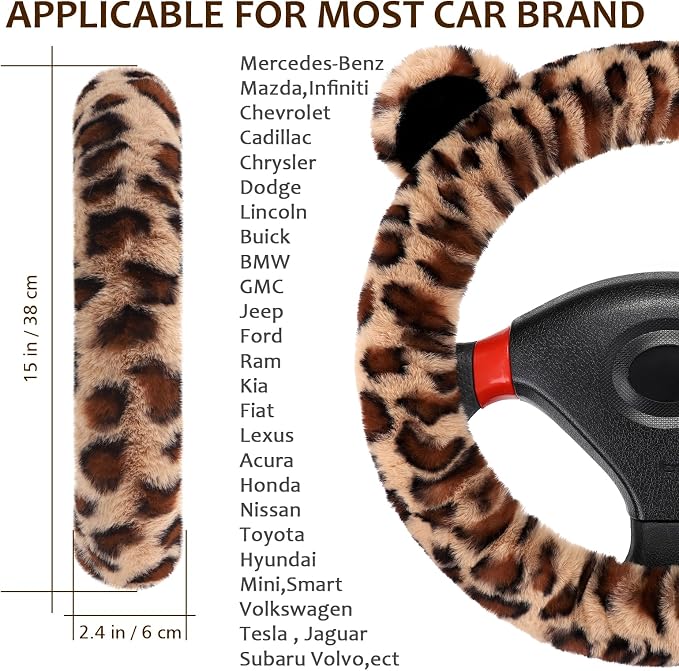 Fluffy Car Steering Wheel Cover, Leopard Fuzzy Vehicle Wheel Cover for Women Non-Slip Furry Warm Steering Wheel Protector with Cute Ears, Car Accessories 15 inch Universal Fit Auto, Suvs, Truck