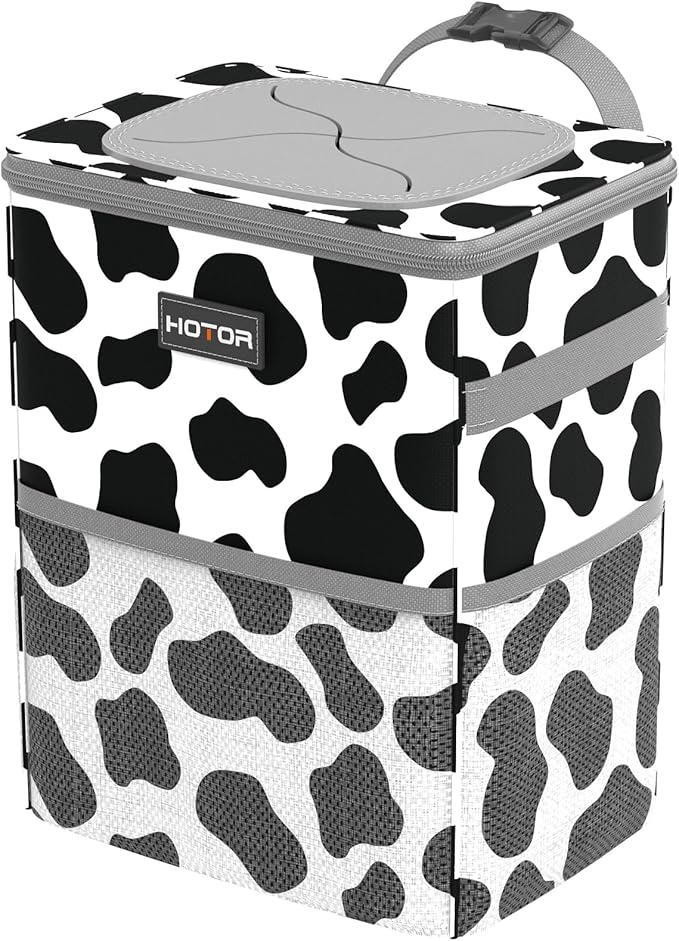 Car Trash Can with Lid and Storage Pockets - 100% Leak-Proof Organizer, Waterproof Garbage Can, Multipurpose Trash Bin for Car, 2 Gallons, Cow