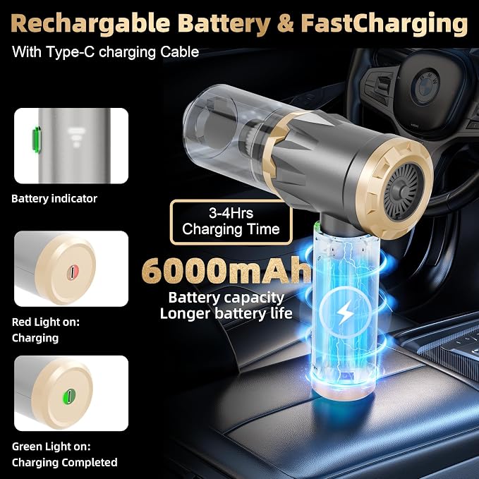 Car Portable Vacuum Cleaner, 20000PA Cordless Handheld Vacuum with Brushless Motor, 3-Speed Mode, 4-in-1 Air Duster & Air Blower for Car, Home, Office, Camping - Grey
