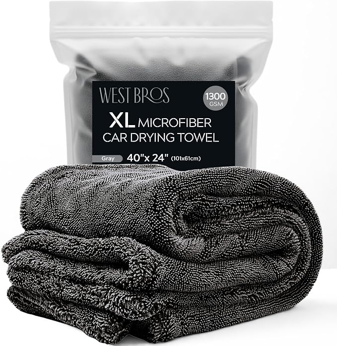 Extra Large Car Drying Towel 40"x24", 1300 GSM Car Towel, Gray | XL Professional Drying Towels Car Detailing with Double Twisted Loop, Super Absorbent Microfiber Drying Towels for Cars