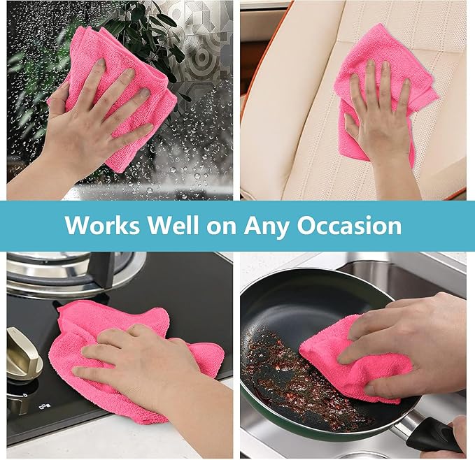 Pink Microfiber Cleaning Cloth, 8 Pack Cleaning Towels for Kitchen, Lint Free, Scratch-Free, Highly Absorbent, and Reusable Cleaning Rags for House, Window and Glass, Cars, 11.5 X11.5 inch