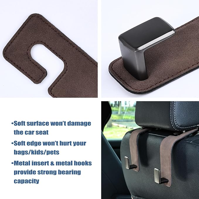 Car Seat Back Hook Universal Auto Storage Hanger Suede with Metal Car Seat Organizer for Handbag Purse Coat Umbrellas Grocery Bags 2 Pack Brown